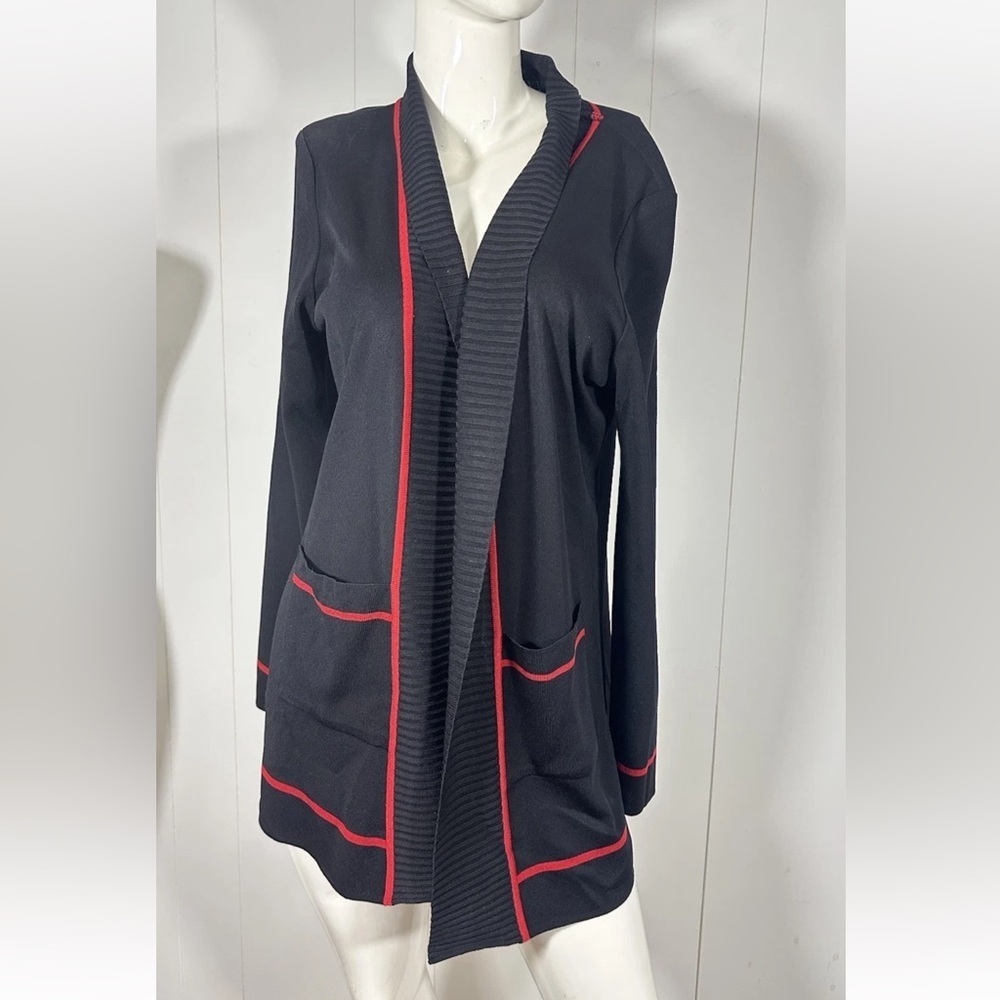 Mistook Sz Small Black Open Front Longline Cardigan With Red Trim Front Pockets